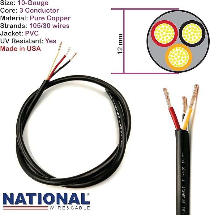 NATIONAL Wire & Cable – 10 AWG 3-Conductor Premium Copper Wire, 100 ft