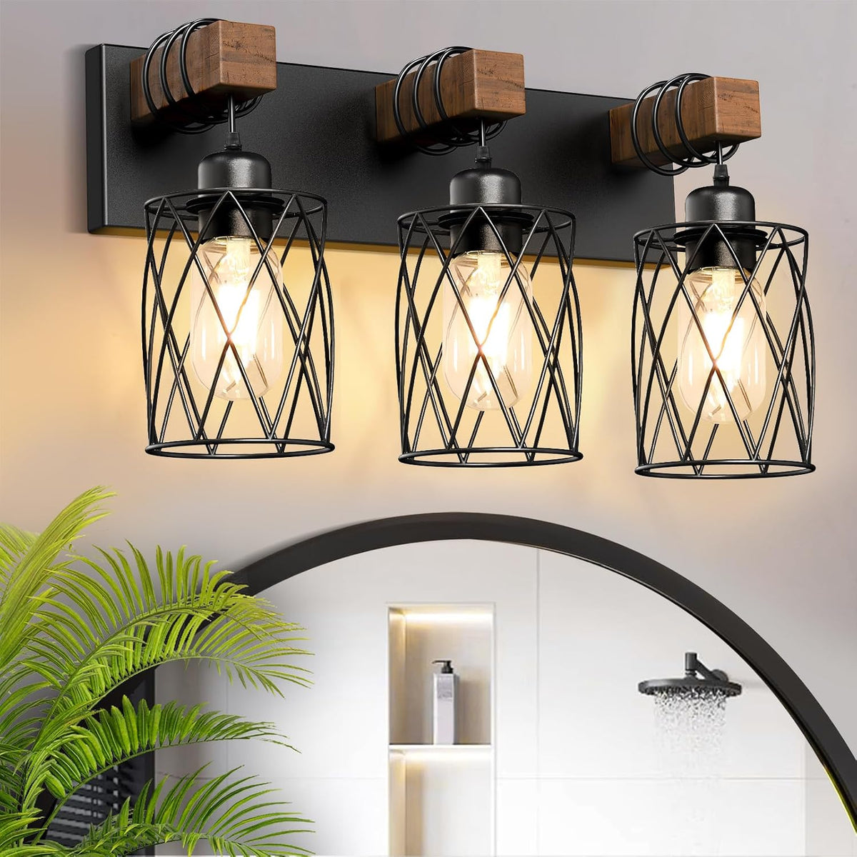 IZORRO Farmhouse Bathroom Vanity Light, 3-Light Wood Bathroom Light Fixtures ...
