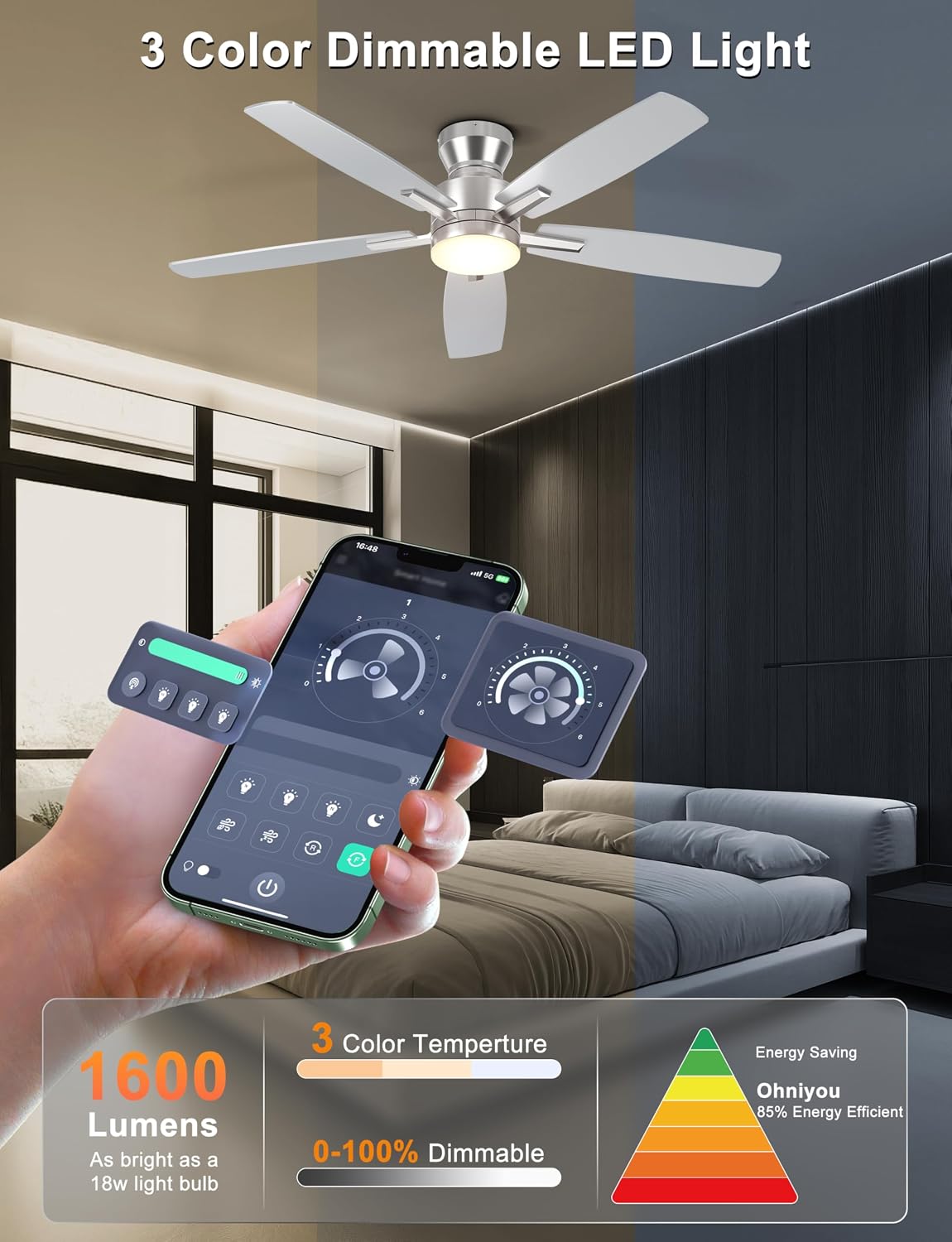 Ohniyou 52'' Silver Low Profile Ceiling Fan with Lights, Remote/APP C...