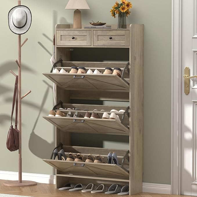 Shoe Cabinet with 3 Flip Drawers & 2 Storage Drawers, Rustic Farmhouse Na...