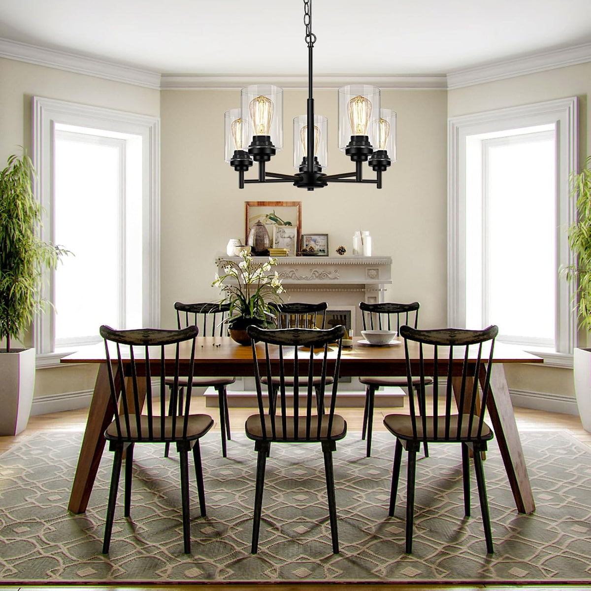D19.8" Chandelier for Dining Room, 5-Light Black Kitchen Light Fixture