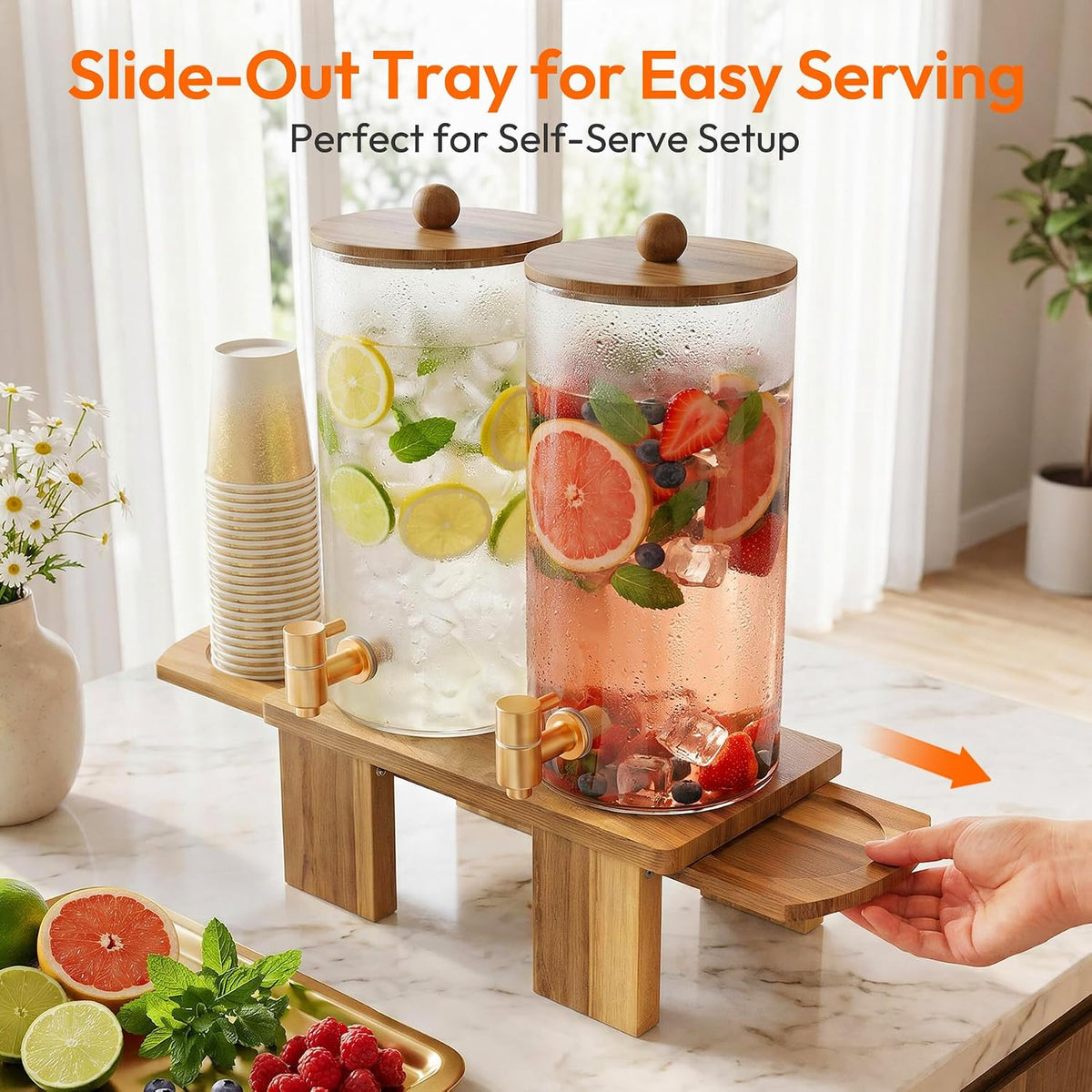 2 Pcs 1.5 Gallon Glass Drink Dispenser with Wood Stand & Pull-Out Cup Stand