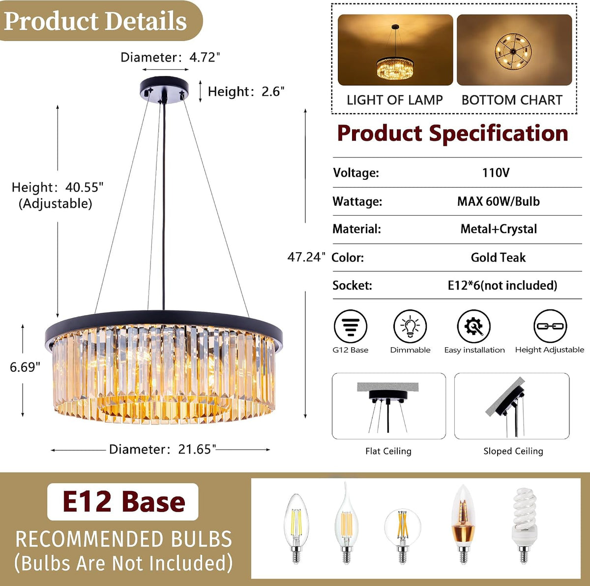 Wellmet Crystal Chandeliers for Dining Room Amber Chandelier Light Fixture