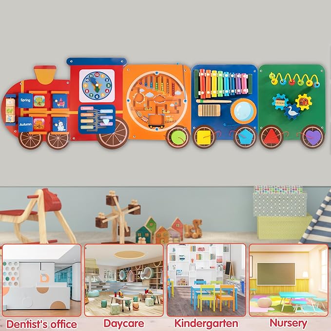 Train Activity Wall Busy Board Panels | 11-in-1 Wooden Sensory Wall Panel