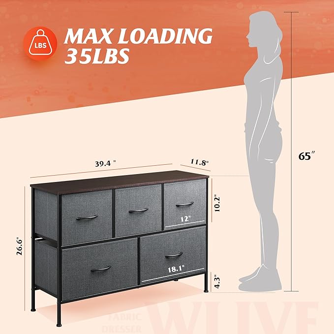 WLIVE Dresser for Bedroom with 5 Drawers, Long Storage Tower Organizer Unit