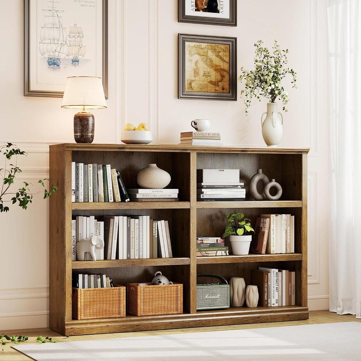 64" W Double Wide Horizontal Bookshelf, 3 Tiers 6 Storage Cube Book Case