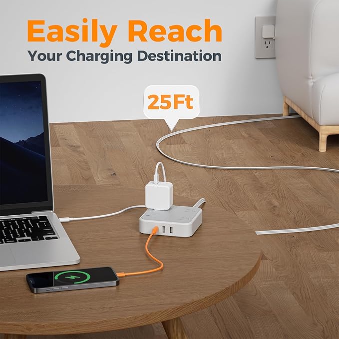 Surge Protector Long Extension Cord 25FT, TESSAN Flat Plug Power Strip