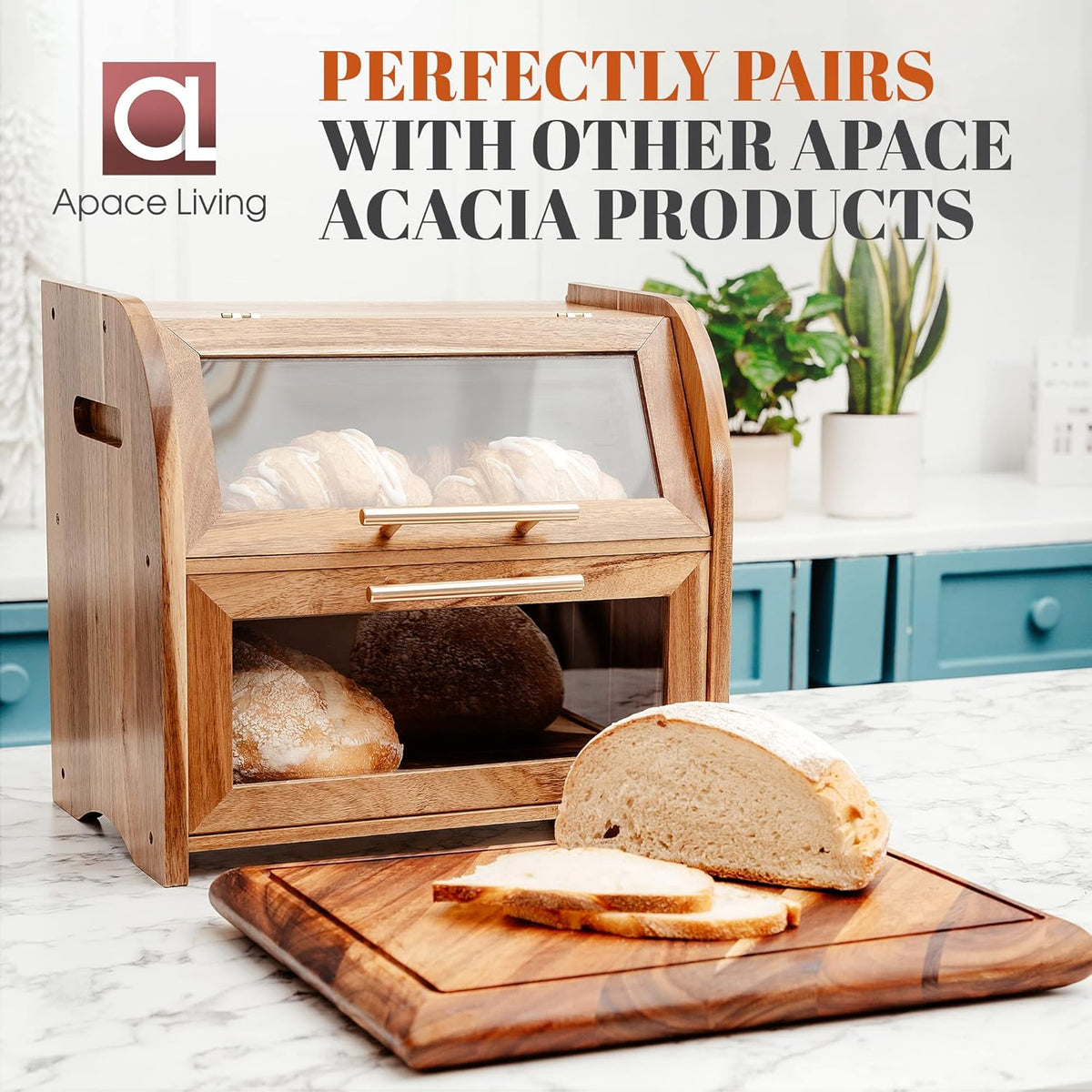 Arise Acacia Wooden Bread Box for Kitchen Countertop, Extra Large 2-Shelf