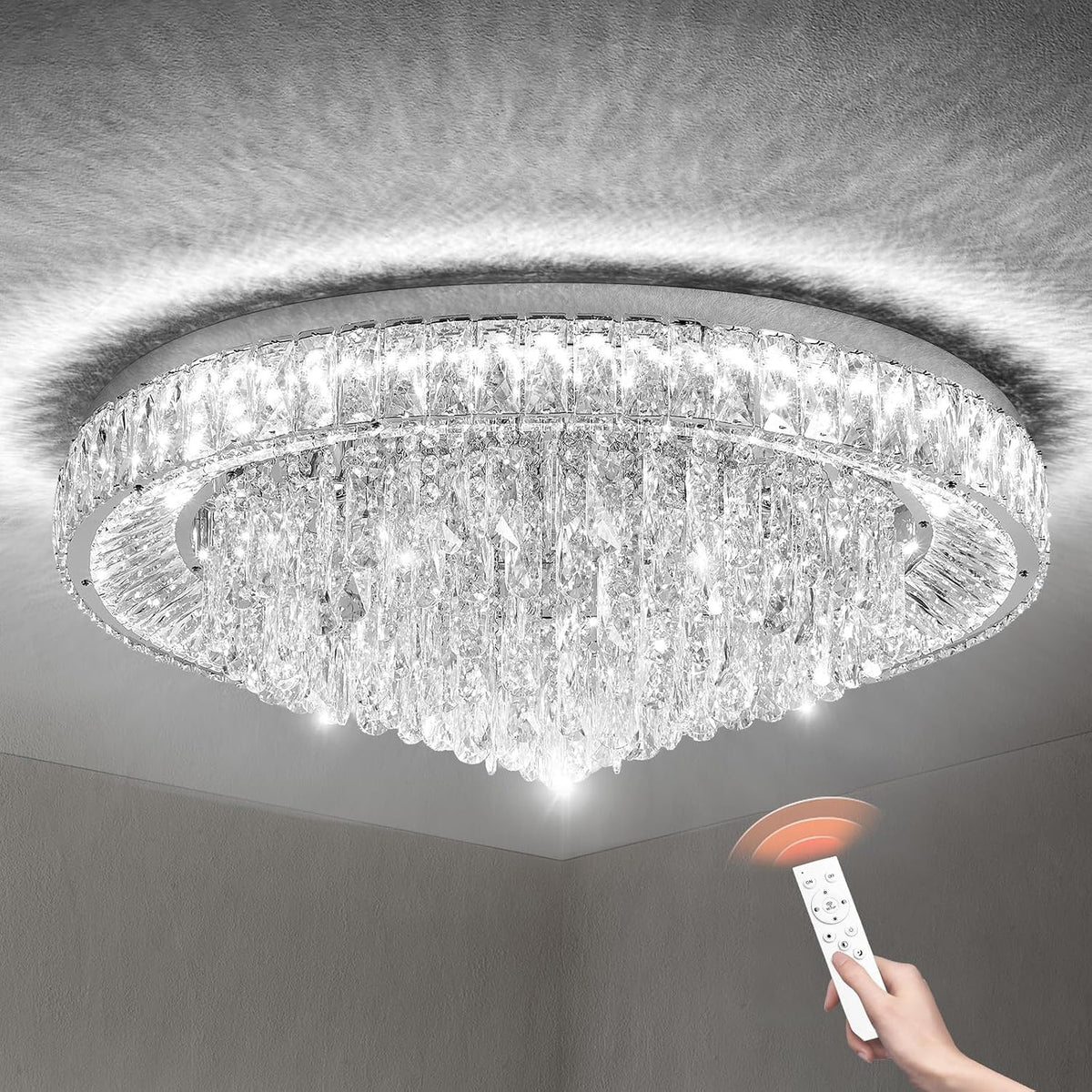 30" Ceiling Silver Crystal Chandeliers: Dimmable 3CCT LED Light with Remote