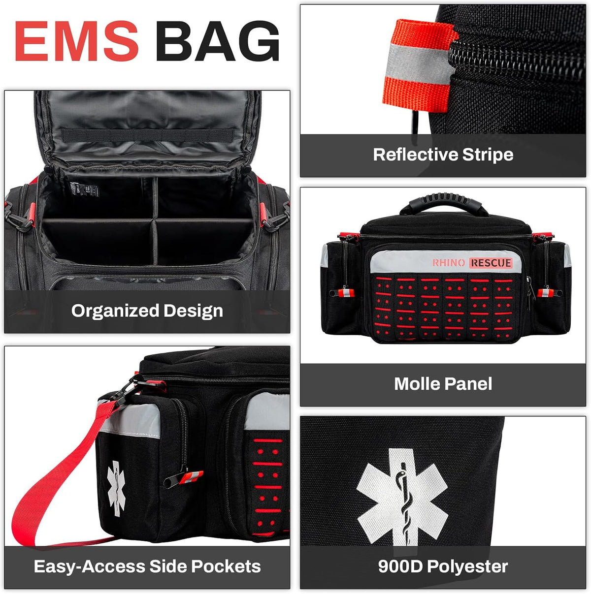 RHINO RESCUE First Responder First Aid Kit Fully-Stocked EMT Bag(Black,20L)