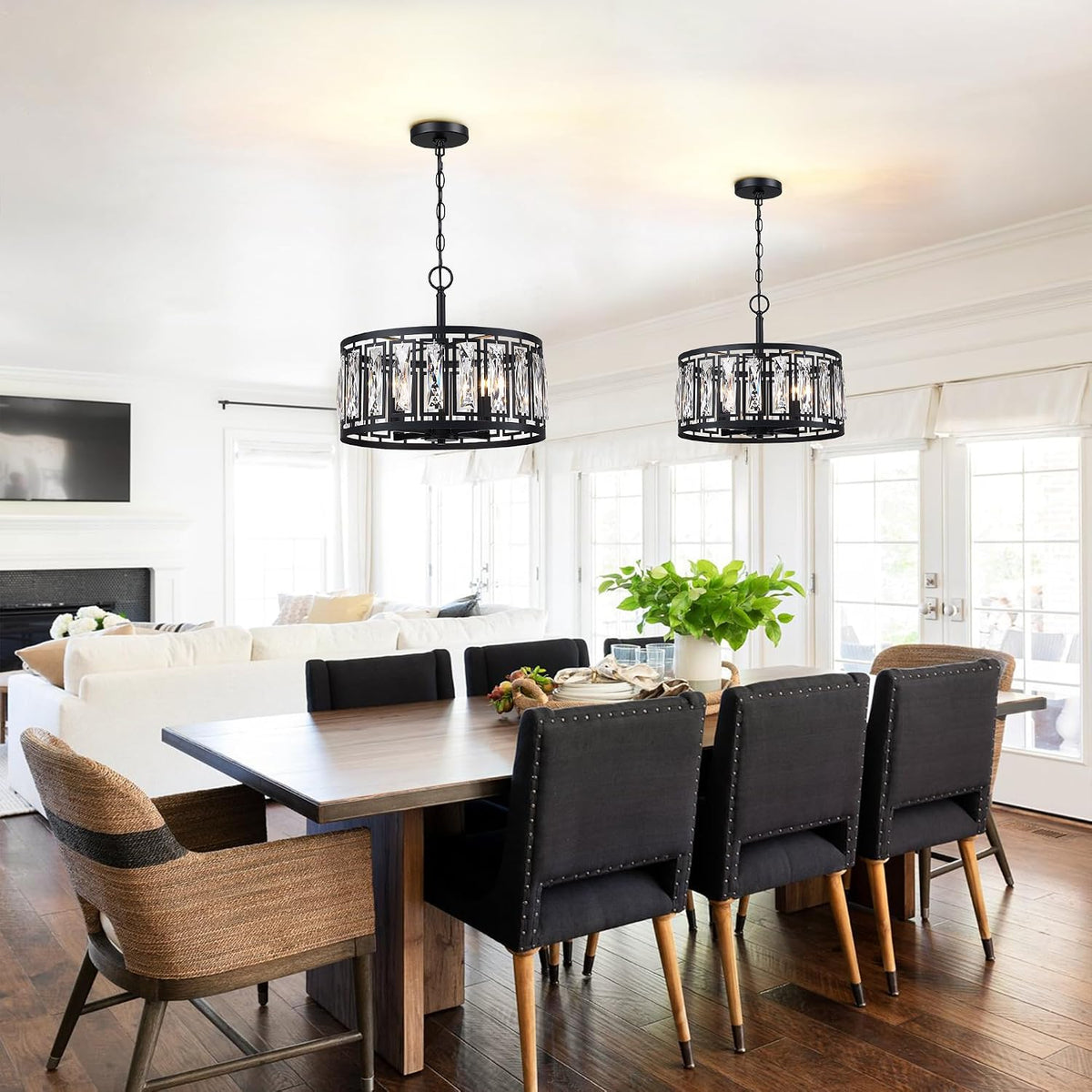 Modern Black Crystal Chandeliers for Dining Room, 4 Lights Pendant Lighting