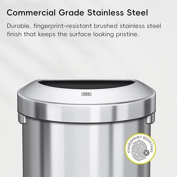 EKO Urban 16 Gallon Semi-Round Open Top Waste Bin, Stainless Steel Half Round