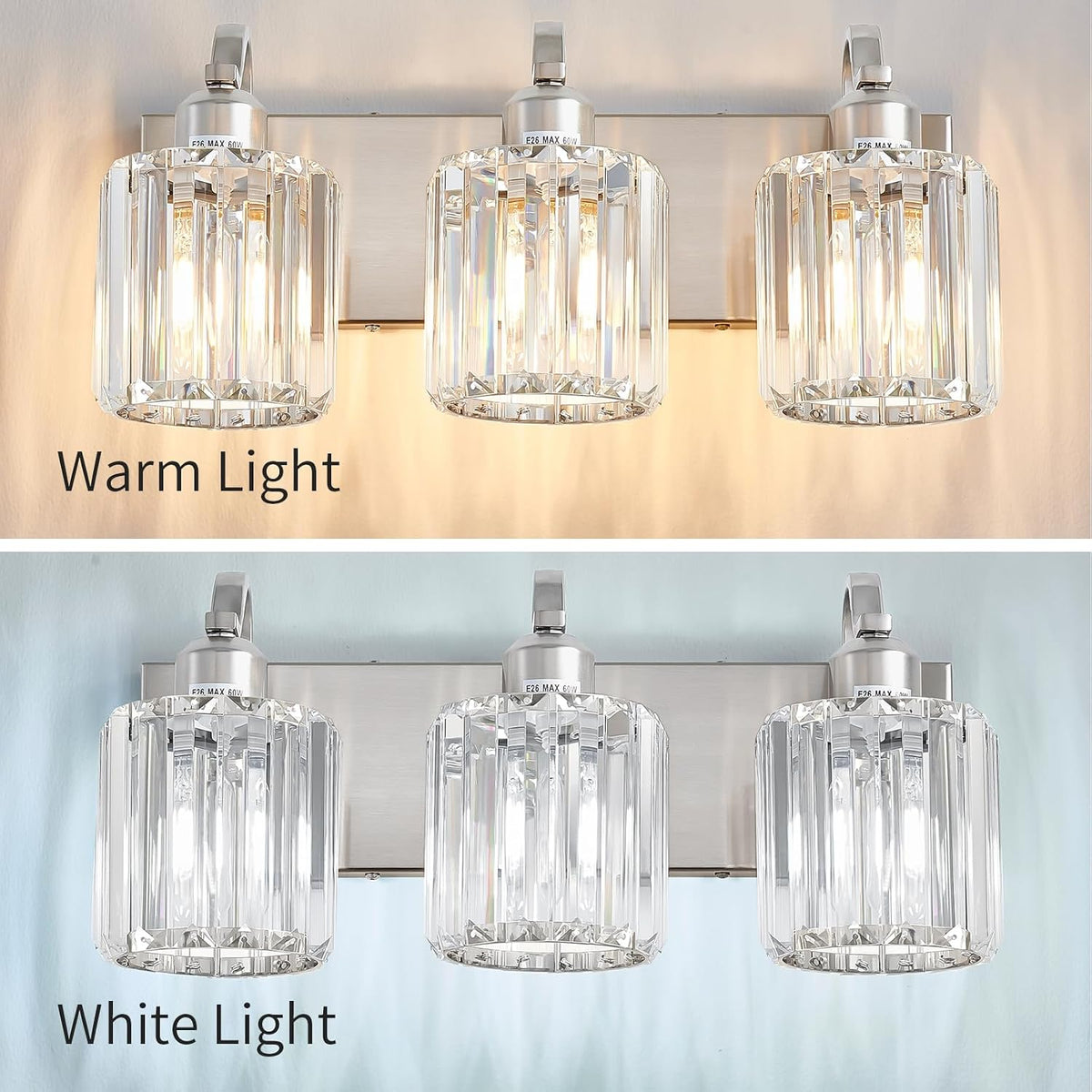 Modern Vanity Light 3-Lights Brushed Nickel Vanity Light Crystal Bathroom Wal...