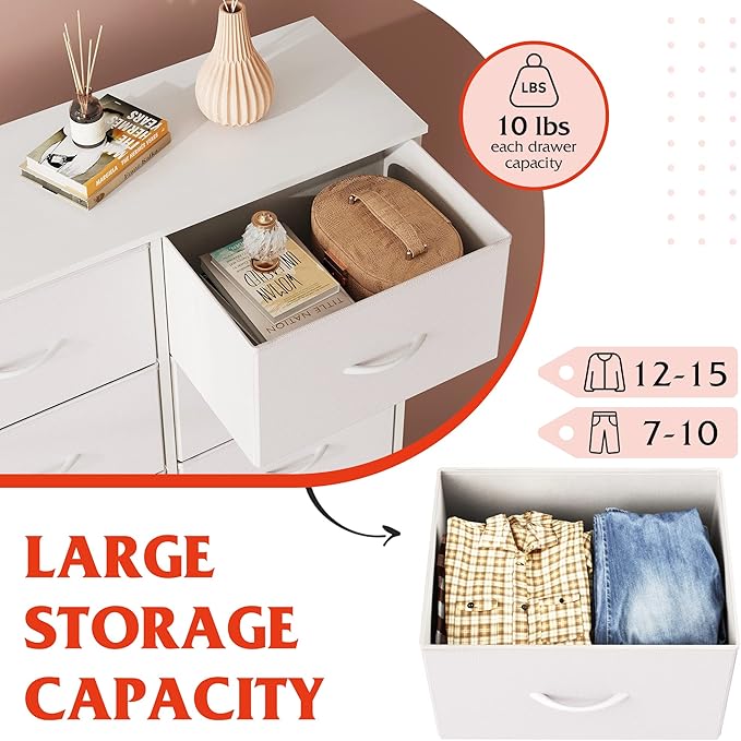 WLIVE White Dresser for Bedroom, 6 Drawer Double Dresser, Fabric Storage Tower