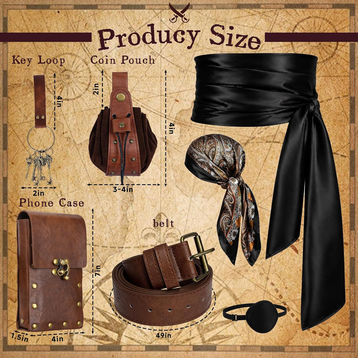 Renaissance Pirate Belt with Pouch Waist Bag, Pirate Head Scarf 7-Pack