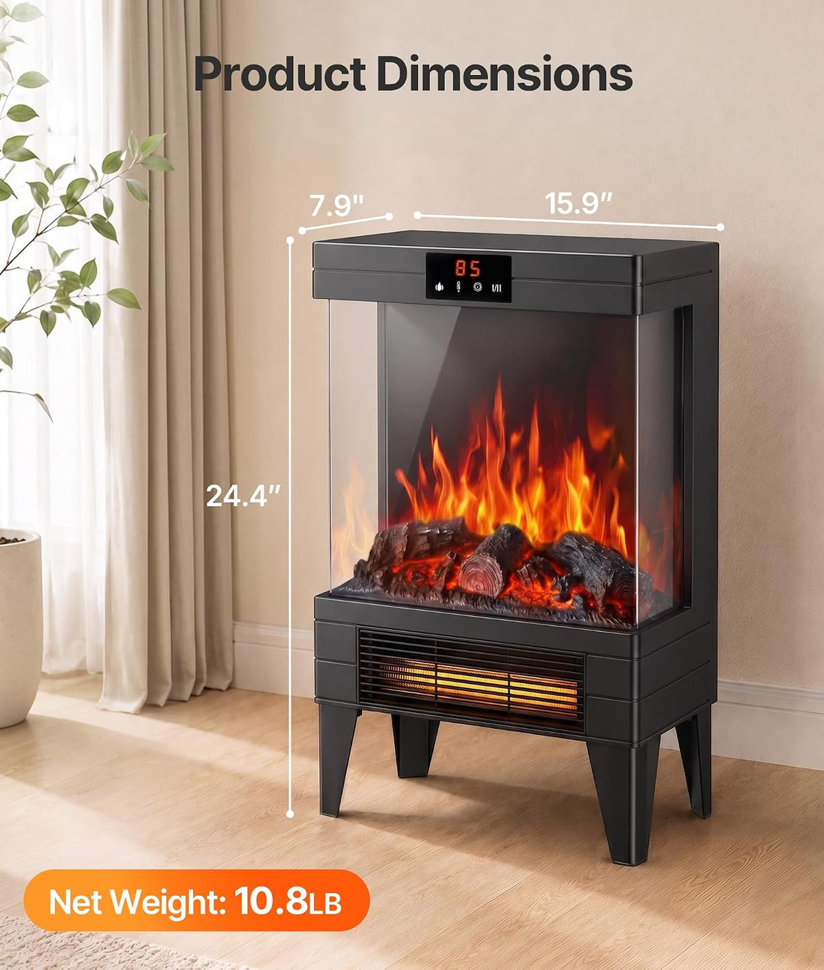 Electric Fireplace Stove Heater with Dual Heat & 3D Flame, 1500W