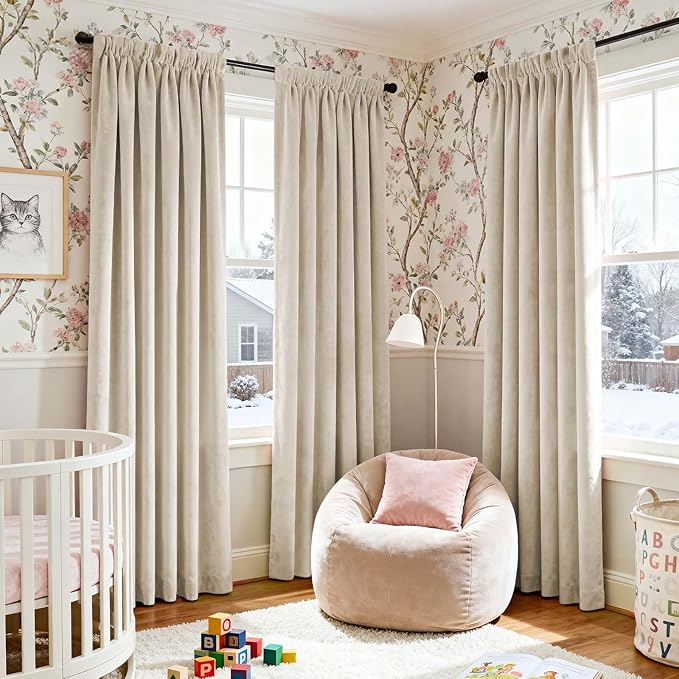 Lazzzy Beige Velvet Blackout Curtains 90 Inches Long Thermal Insulated Room