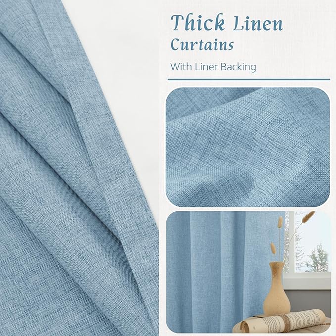 LAMIT Stone Blue 100% Blackout Linen Curtains, 84 Inch Linen Textured Living
