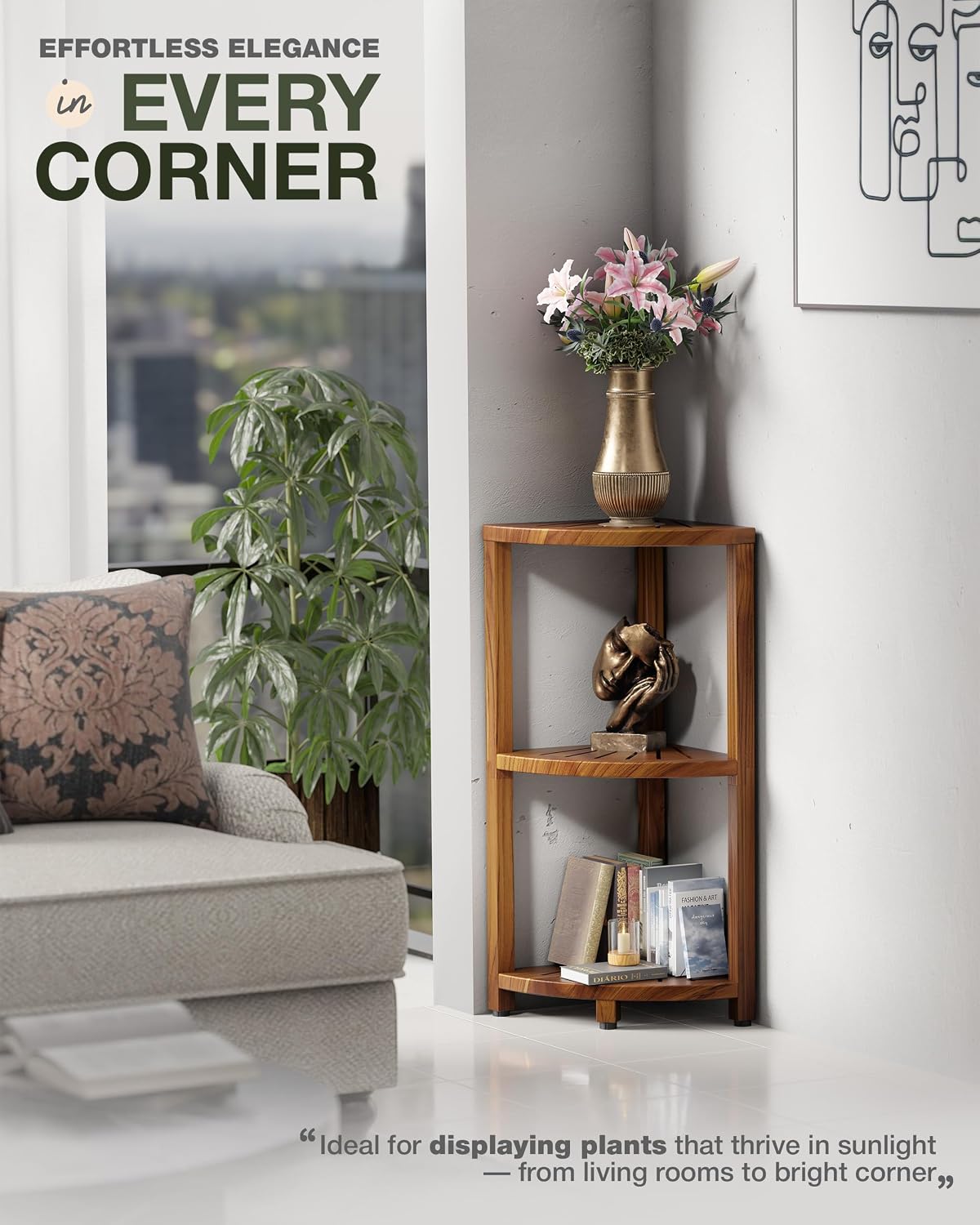 BLUEWEST 3-Tier Wooden Corner Shower Caddy Organizer with Anti-Slip Feet (Aca...