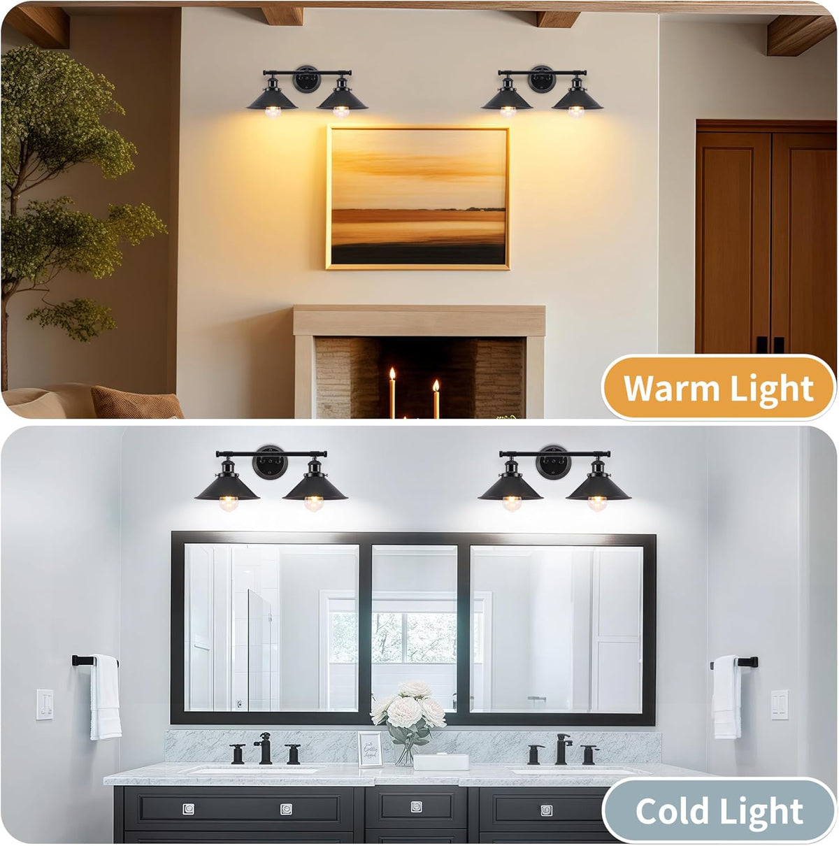 Black Bathroom Light Fixture, 2-Light Farmhouse Vanity Lights for Bathroom
