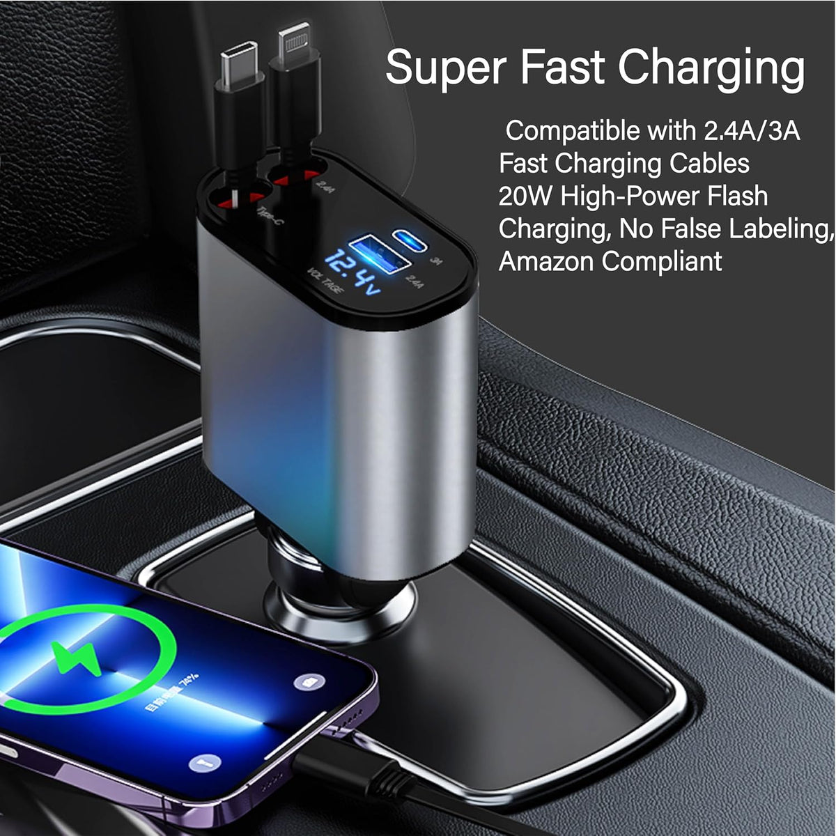 159W GaN 5-in-1 Retractable Car Charger, Dual Cig Lighter, 180° Adjust