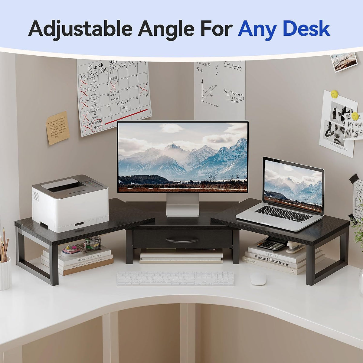 Dual Monitor Stand Riser, Desk Organizers and Accessories with Drawer, Comput...
