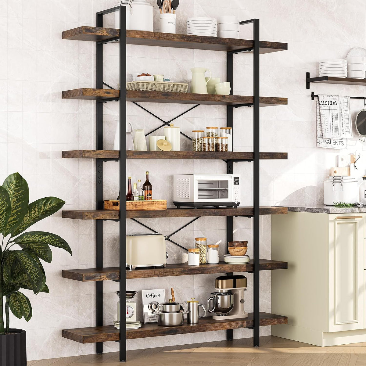 Heavy Duty 6 Tier Industrial Bookcase for Home Office, Rustic Brown