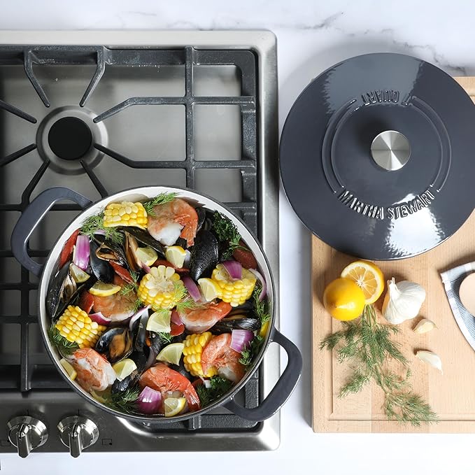 Martha Stewart Gatwick 7 QT Enamel Cast Iron Dutch Oven – Gray, Durable