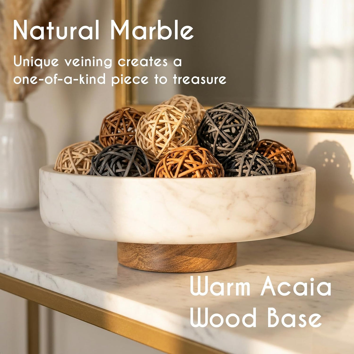 Evovee White Marble Fruit Bowl Decorative Home Decor Table Centerpiece Acacia...