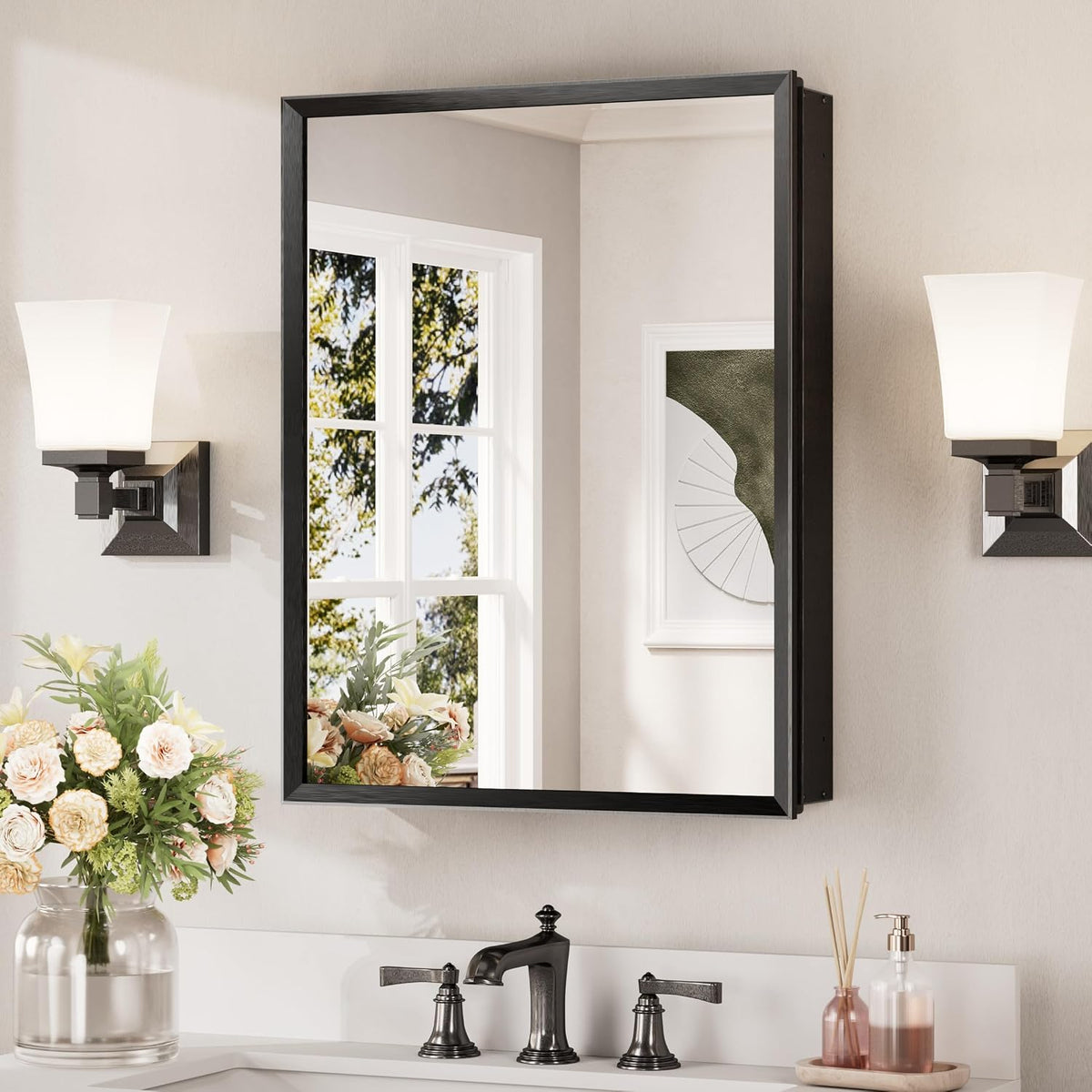 Keonjinn Matte Black Medicine Cabinet Mirror 20 x 26, Adjustable Shelves