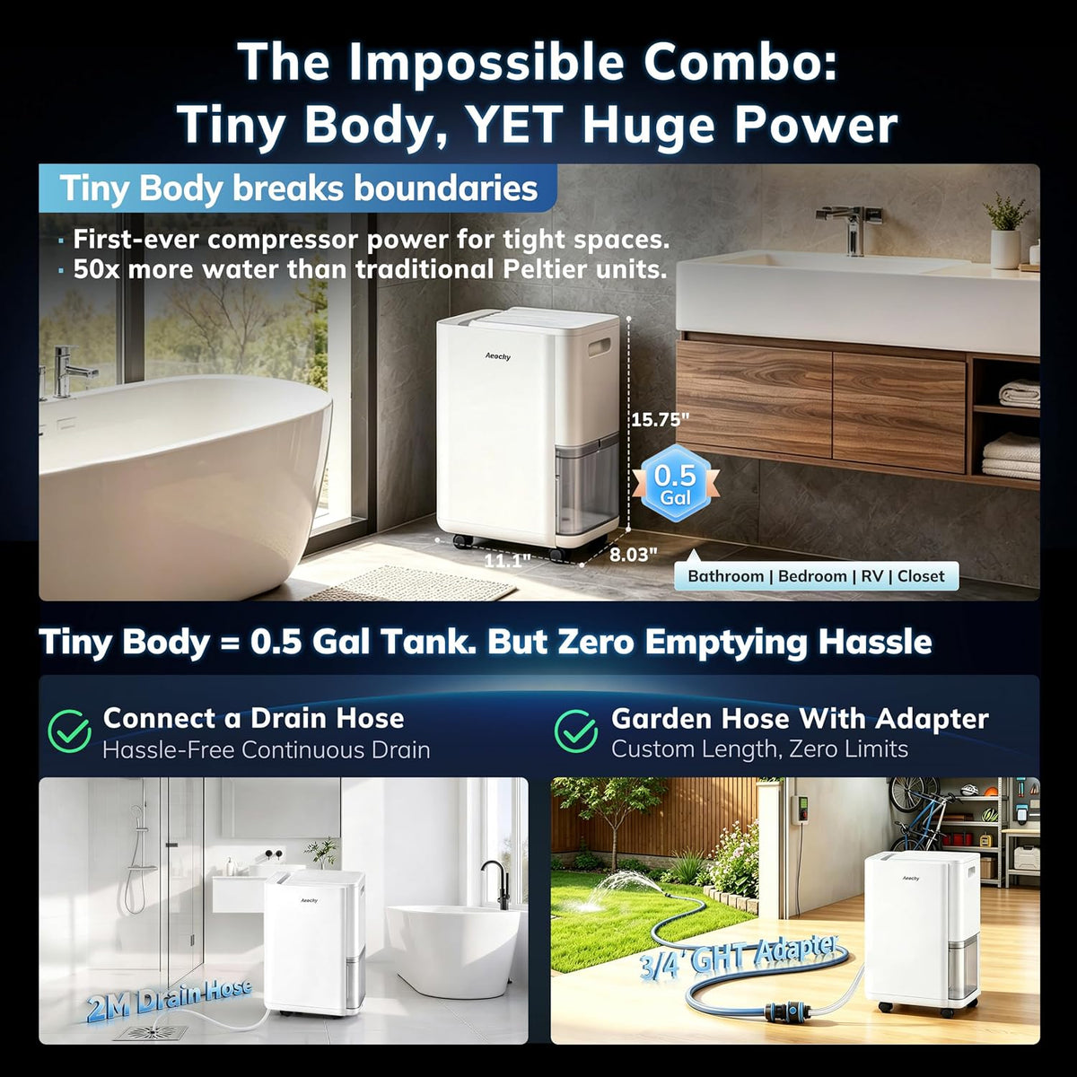 AEOCKY Max 50 Pint/D 3000 Sq.Ft Dehumidifier with Drain Hose, Quiet