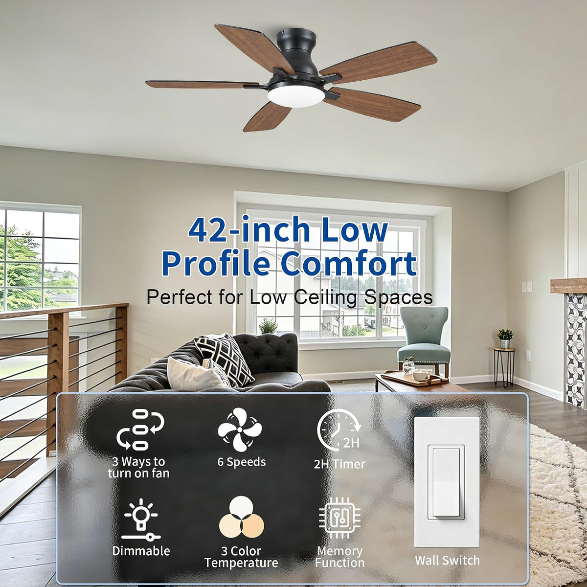 NKPU 42 Inch Low Profile Ceiling Fans with Lights, Brown