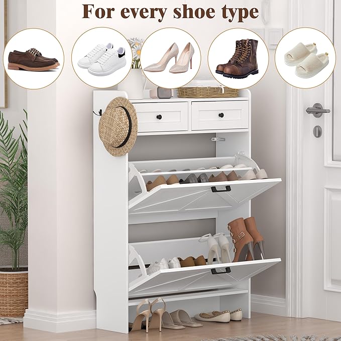 Shoe Cabinet with 2 Flip Drawers & 2 Storage Drawers, Rustic Farmhouse Na...