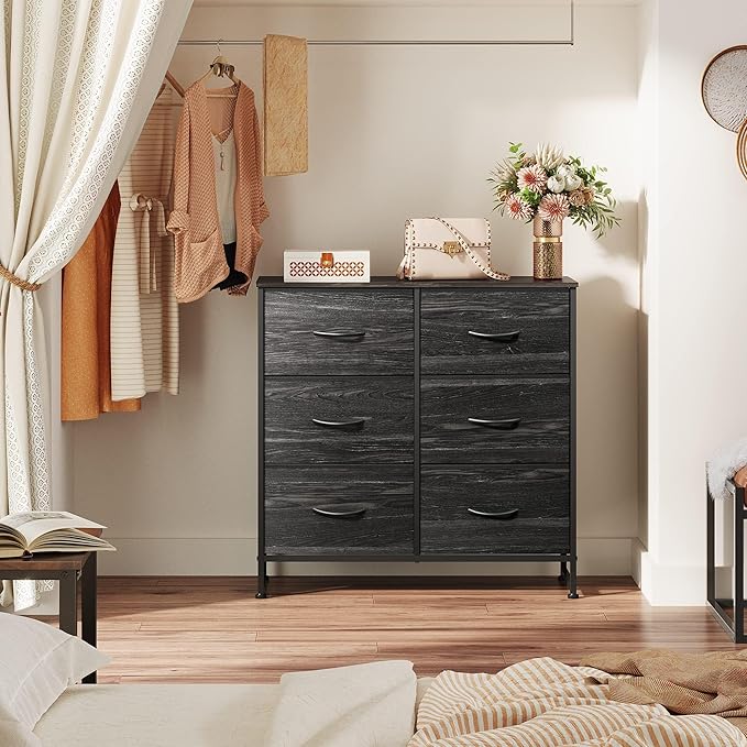 WLIVE Black Dresser for Bedroom, 6 Drawer Double Dresser, Fabric Storage Tower