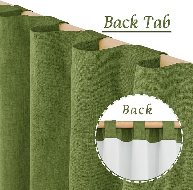 LAMIT Olive Green 100% Blackout Linen Curtains, 84 Inch Linen Textured Living