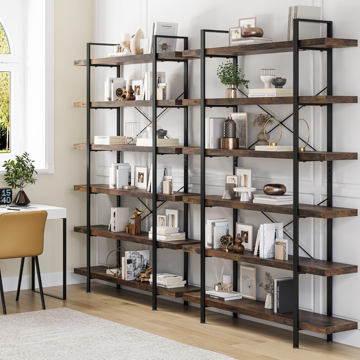 Heavy Duty 6 Tier Industrial Bookcase for Home Office, Rustic Brown