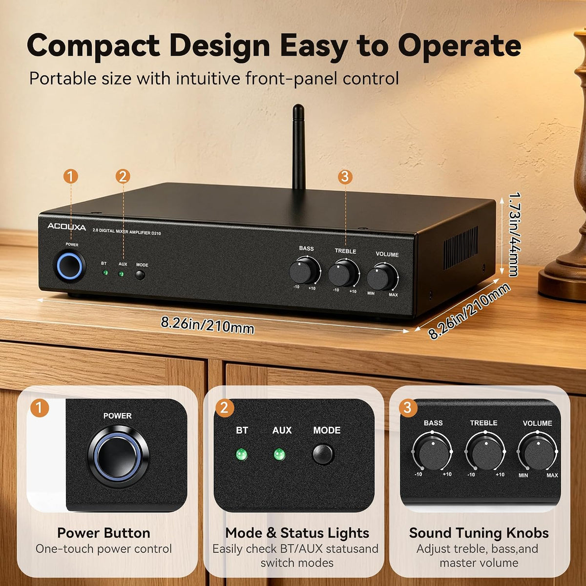 Bluetooth 6.0 Stereo Amplifier, 100W×2 Peak, 2 Channel Mini Class D