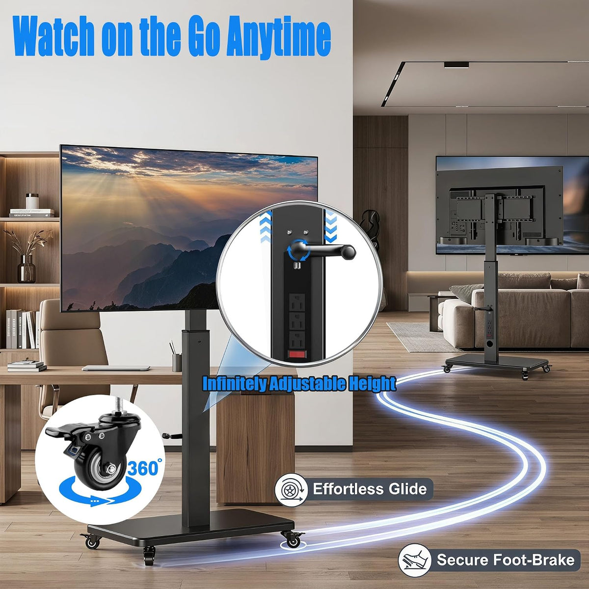 Swivel Rolling TV Stand with Power Outlet for 30-80 inch TVs up to 110 lbs