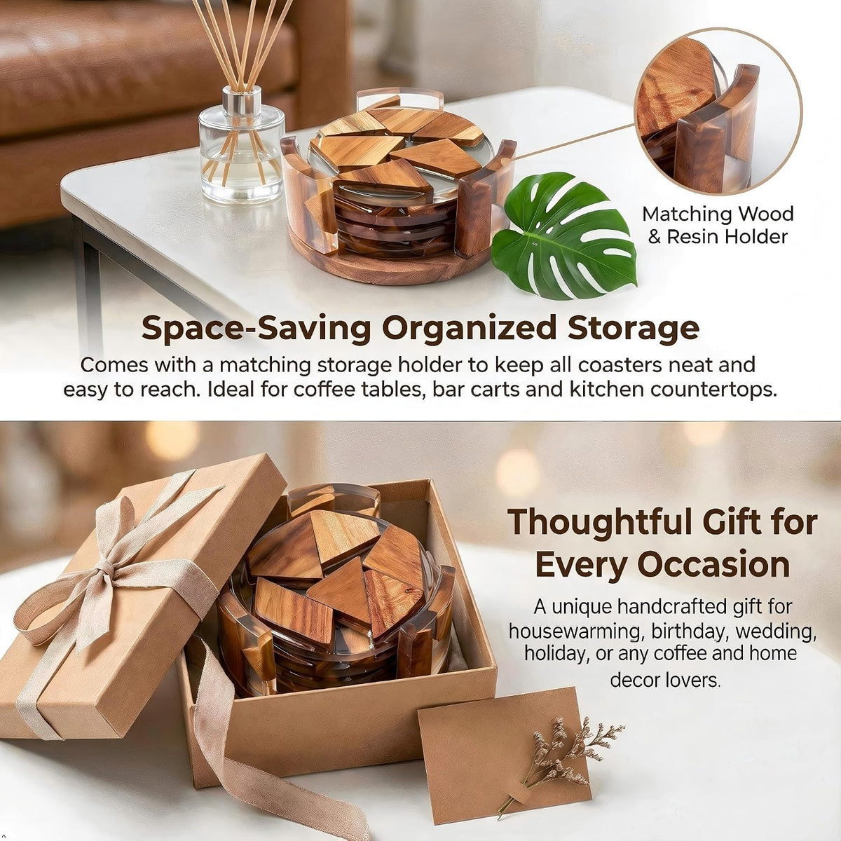 Decorative Acacia Wood Resin Coasters 4 Pack with Holder 4 Inch