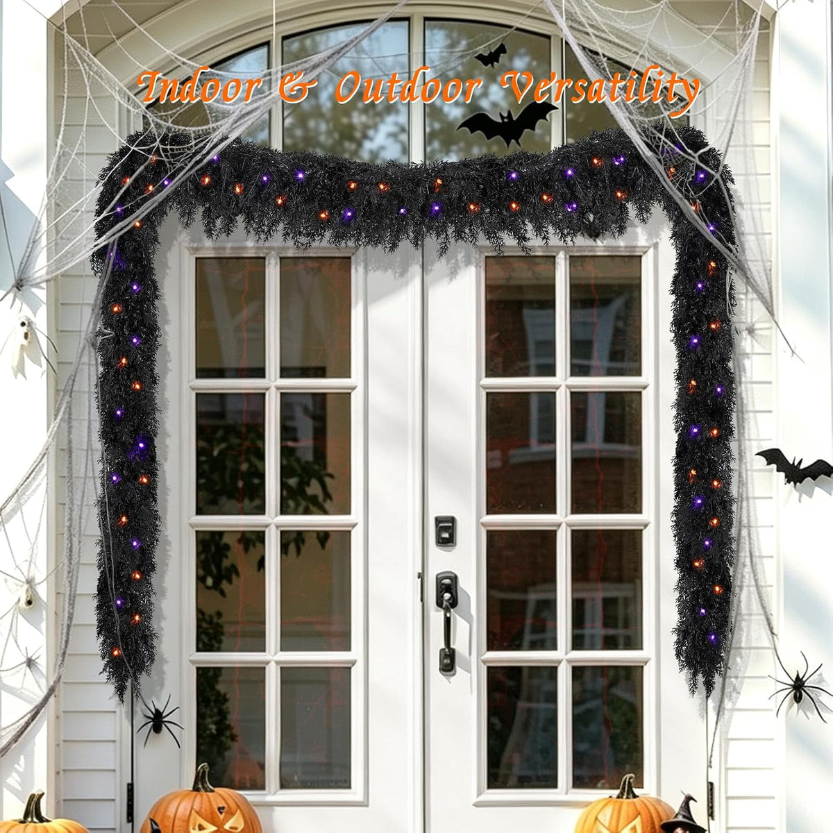 9ft Black Cedar Halloween Garland for Mantle, Soft Touch with Timer Lights