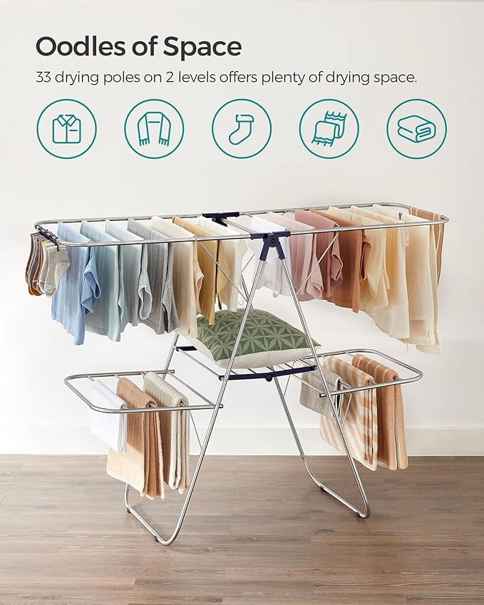 SONGMICS Clothes Drying Rack, Foldable 2-Level Laundry Drying Rack,