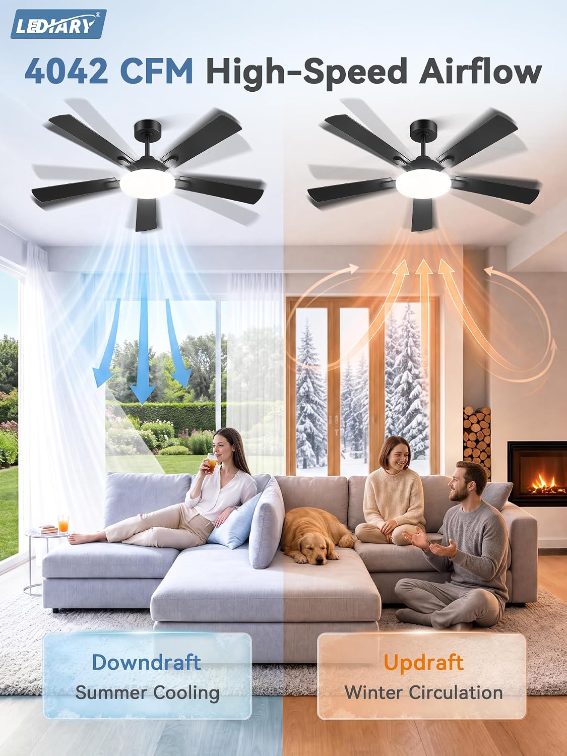 LEDIARY 52 Inch Ceiling Fans with Lights DC Motor, Remote & APP Control