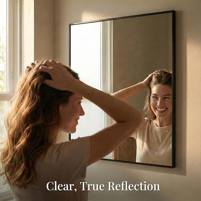 30''x30'' Square Black Bathroom Mirror, Matte Metal Framed Wa...