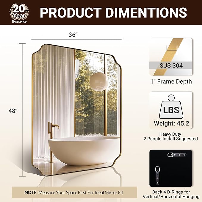 ANDY STAR 36"x48" Large Gold Mirror, Brushed Brass Rectangle Bathro...