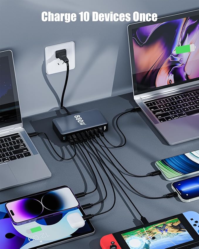 880W USB C Charger Block, 10-Port USB C Charging Station GaN IV Travel