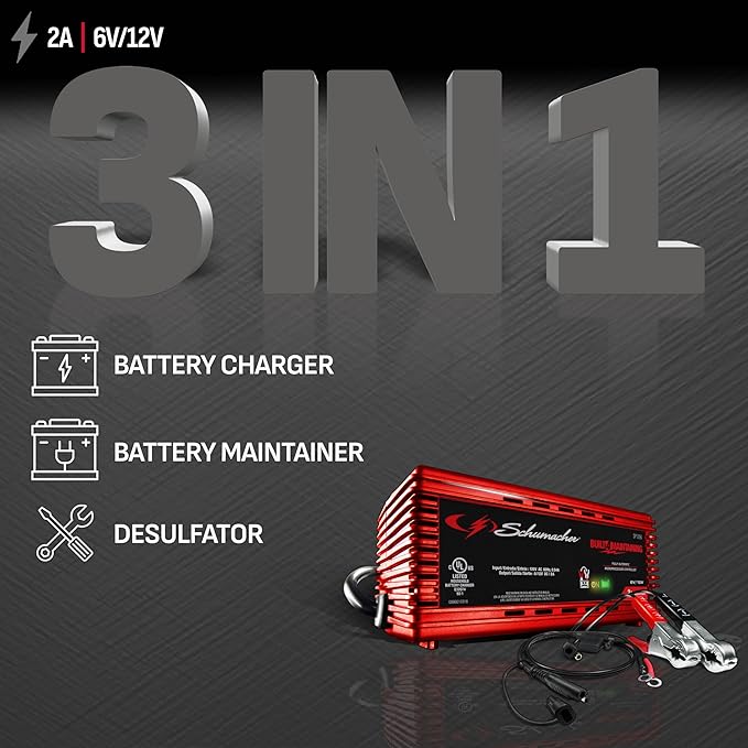 Schumacher Electric 2A Car Battery Charger and Maintainer, 3-in-1 Solution