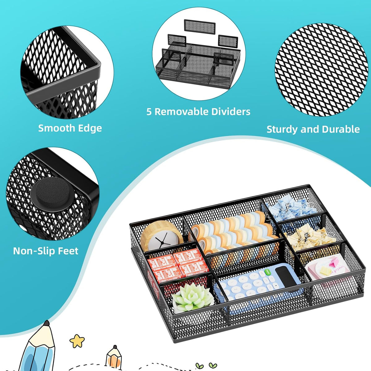 Marbrasse 2 Pack Desk Drawer Organizer, Mesh Drawer Organizer Tray with 8 Adj...