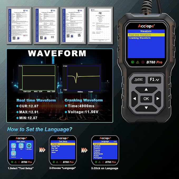 Acclope BT60 Pro Car Battery Tester, Digital Analyzer
