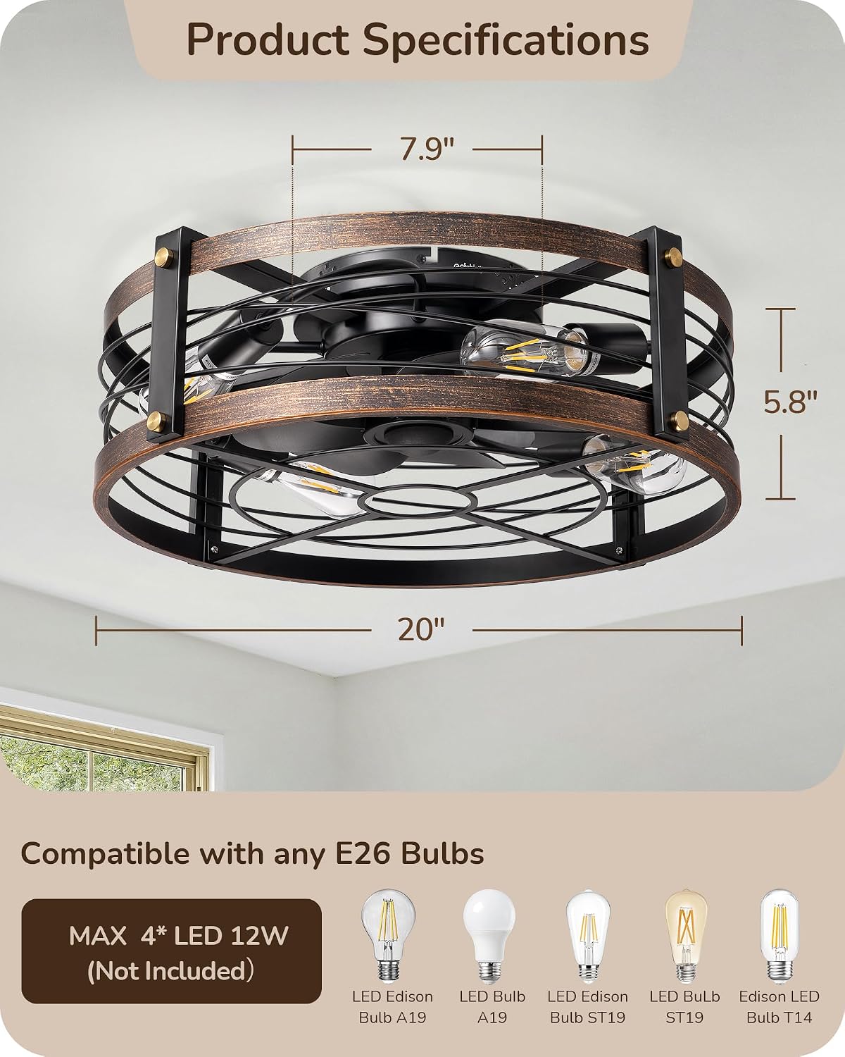 EDISHINE 21" Pre-Assembled Ceiling Fans with Lights Flush Moun,Low Profile