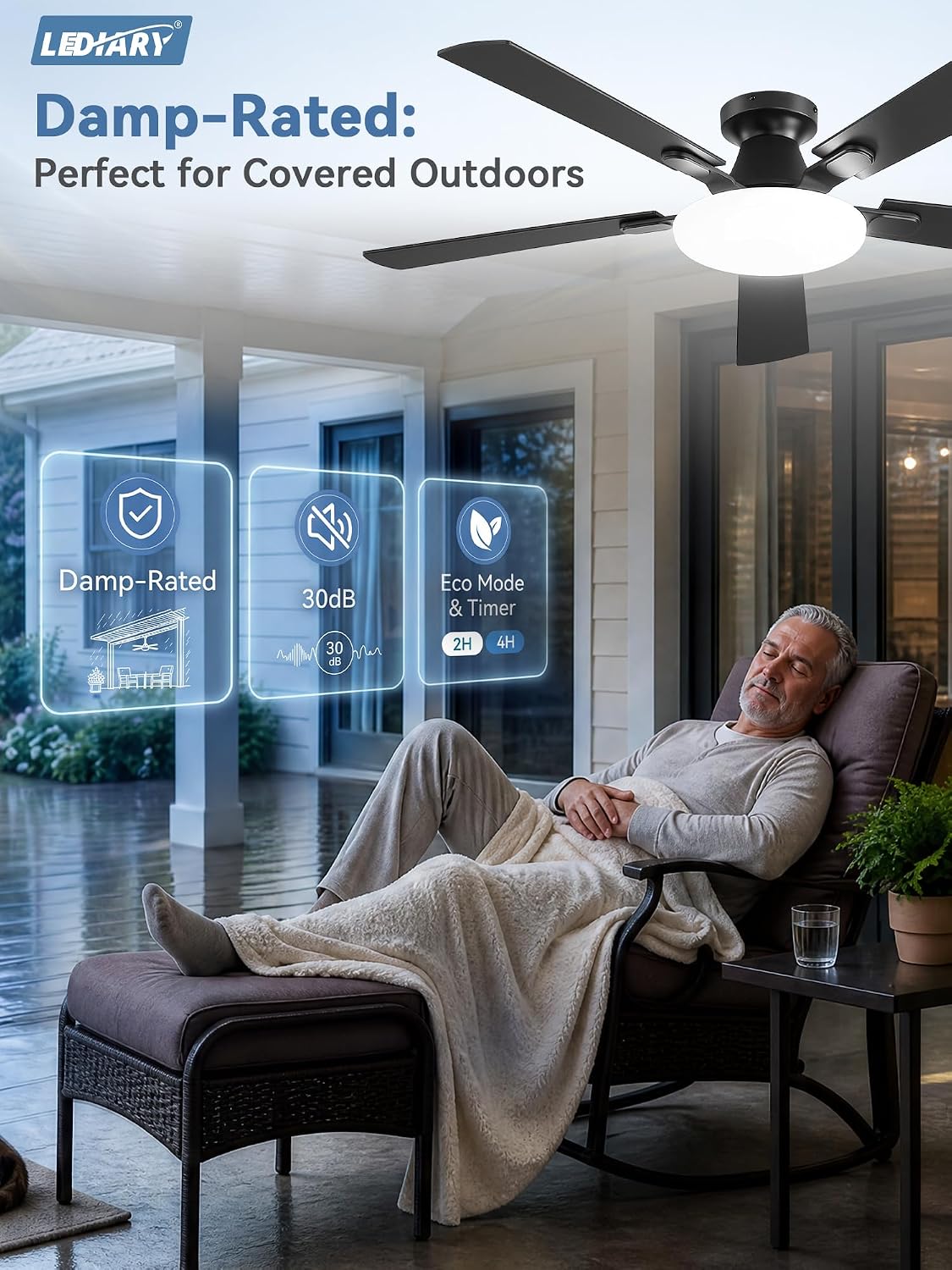 LEDIARY 52 Inch Flush Mount Ceiling Fans with Lights, Remote & APP Control